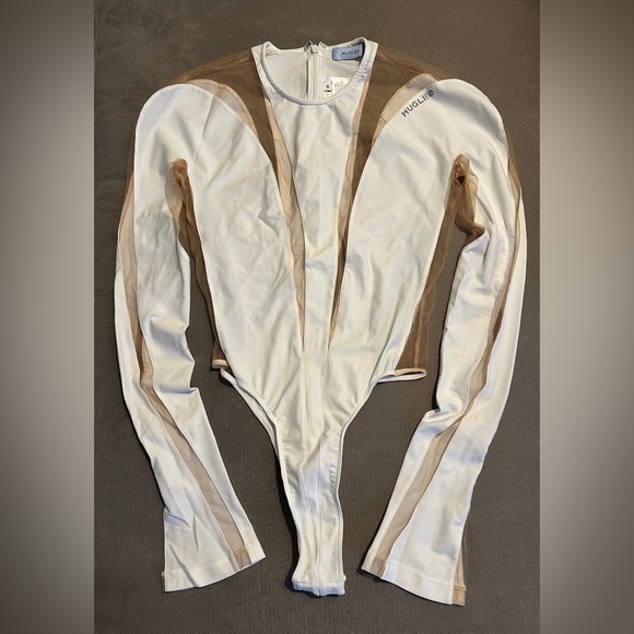 MUGLER for FWRD Sheer Tulle Bodysuit in White & Nude Size 38 - Picture 4 of 7